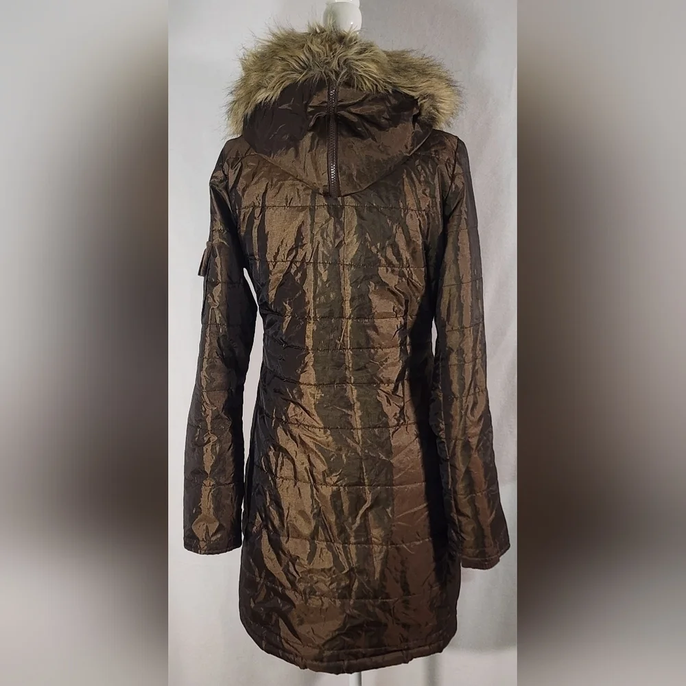 Tulle Anthropologie Brown Button Front Furry Hood Women's Puffer Coat Parka Smal - Picture 3 of 12